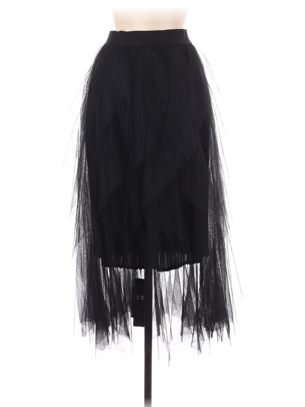 Black Layered Tulle Midi Skirt with Elastic Waist